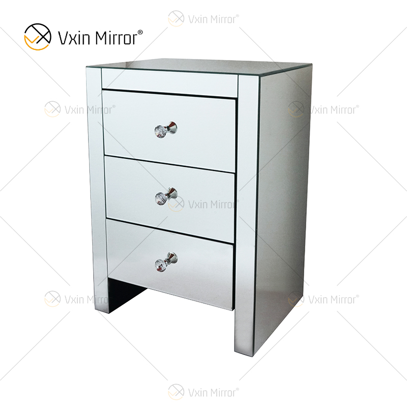 Hot Sell Elegant Vxin WXF-031-1 Bedside Table with 3 Drawer Silver Mirrored Nightstand Mirrored Bedside Table