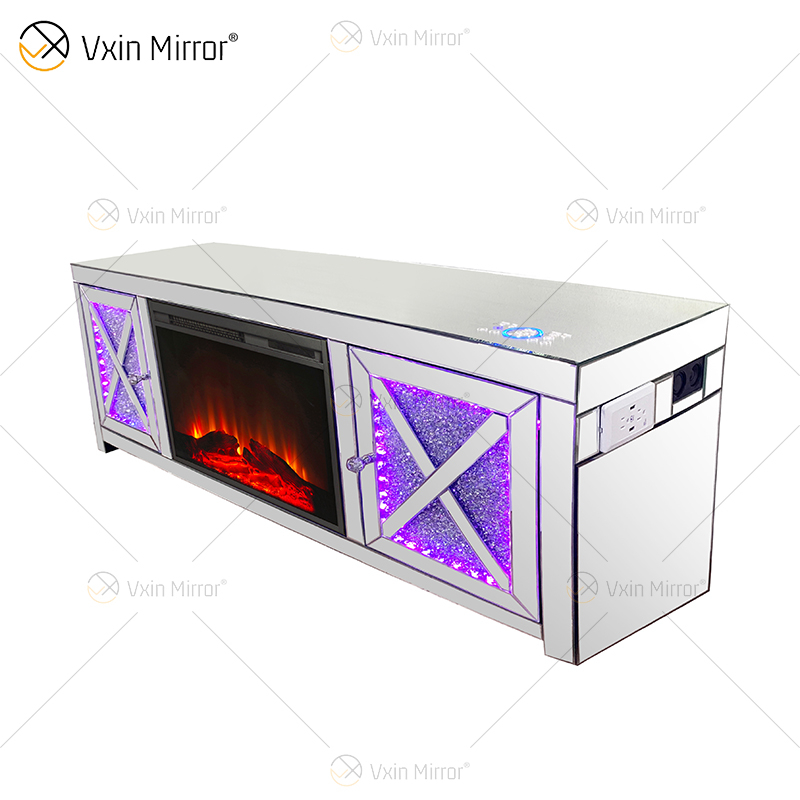 WXF-1054 Silver Crystal LED Mirrored Fireplace TV Stands Cabinet With Blue-tooth And Speaker Mirror TV Stand