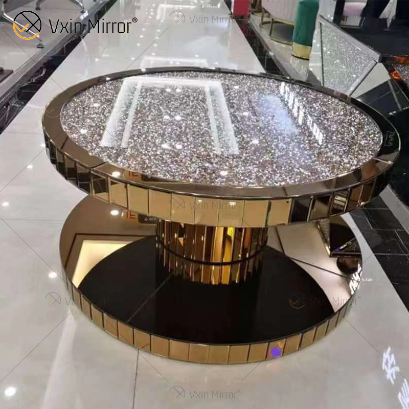 Vxin WXF-270-1 3D Sparkling Crushed Diamond Round Mirrored Coffee Table Silver Covered with Diamonds