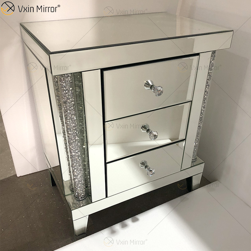 WXF-275 Mirrored Bedside Tables Cabinet 3 Drawers Mirror Nightstand Side Table with Glass