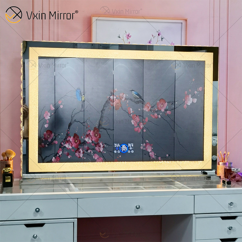 Vanity Hollywood LED with Bluetooth WXDL-1208 Crystal Sand Table Top Oval Decorativestyle Makeup Mirror for Bedroom Sets