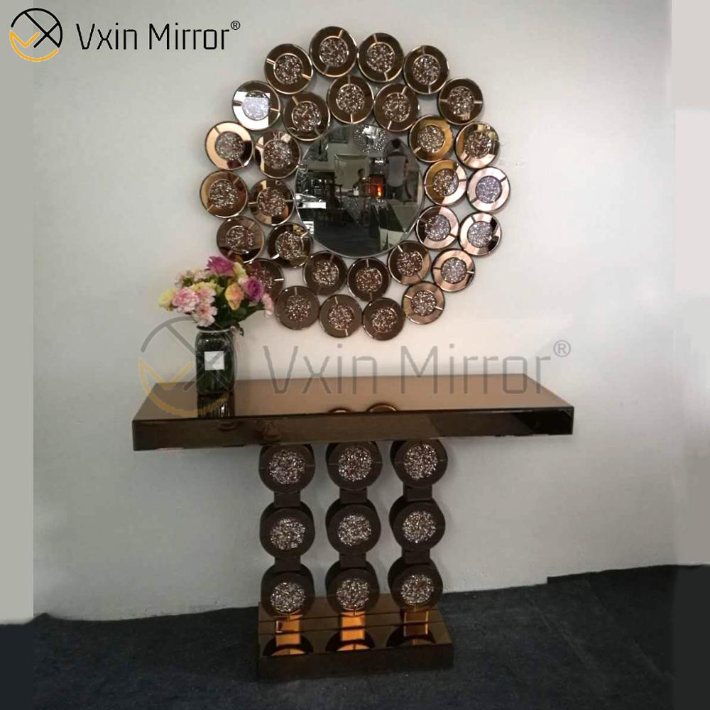 Low Price Vxin Modern Round Crushed Diamond Glass Console Table Mirror Funiture