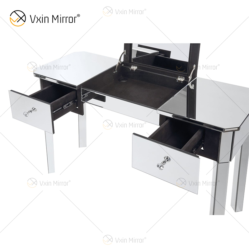 China Supply Modern Silver Dressing Table with Stool 2 Drawers with Full-length Mirror