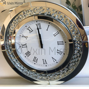 Round Large Sparkly Crushed Diamond Bevelled 50cm Floating Crystal Silver Mirrored Wall Clock WXC-009