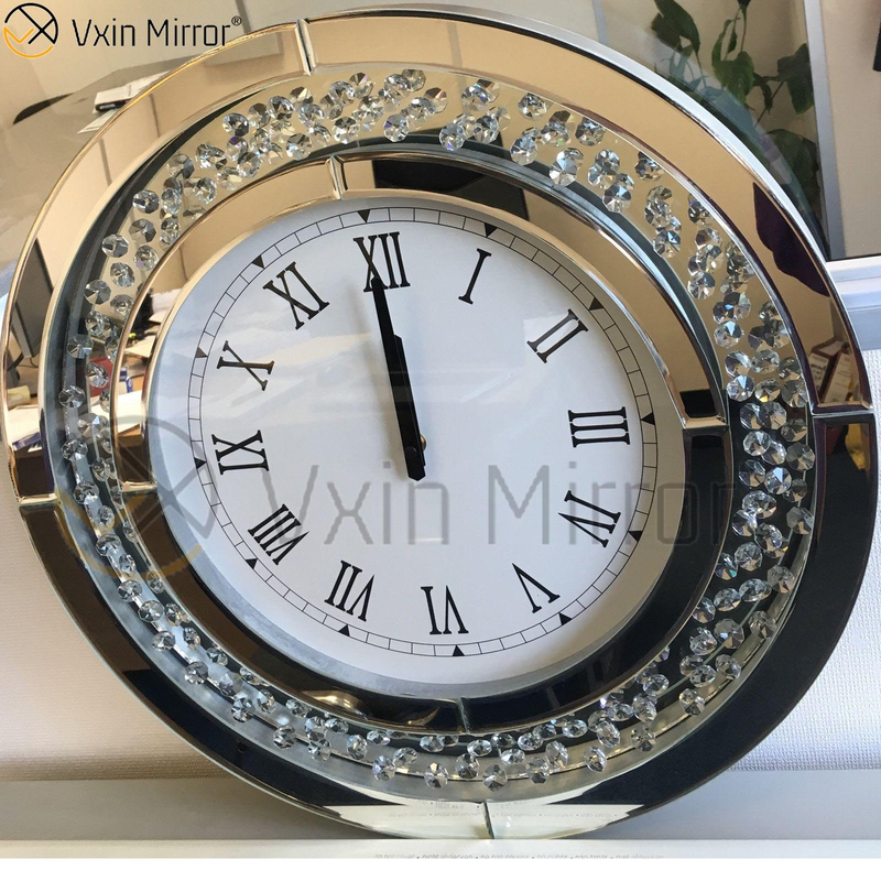 Round Large Sparkly Crushed Diamond Bevelled 50cm Floating Crystal Silver Mirrored Wall Clock WXC-009