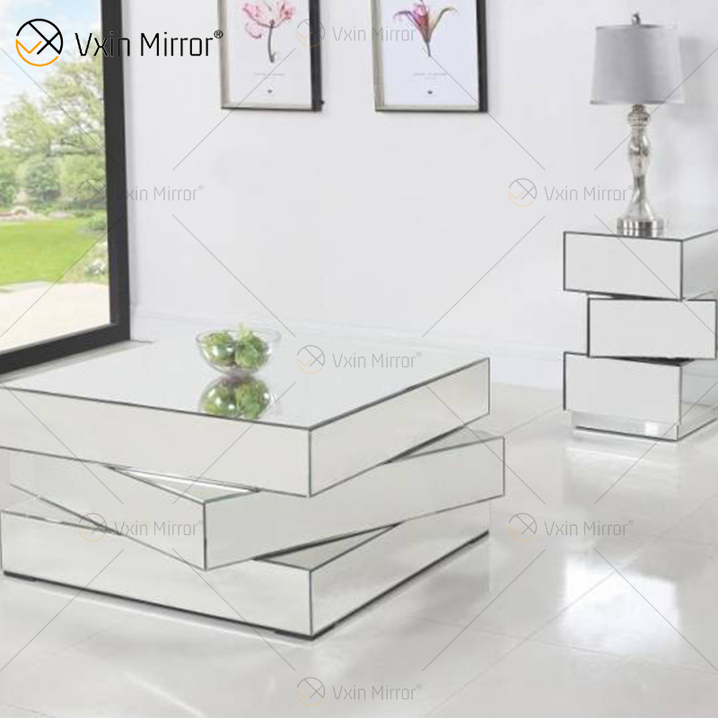Vxin WXF-2138 3D Sparkling Crushed Diamond Geometry Mirrored Coffee Table Silver Covered with Diamonds