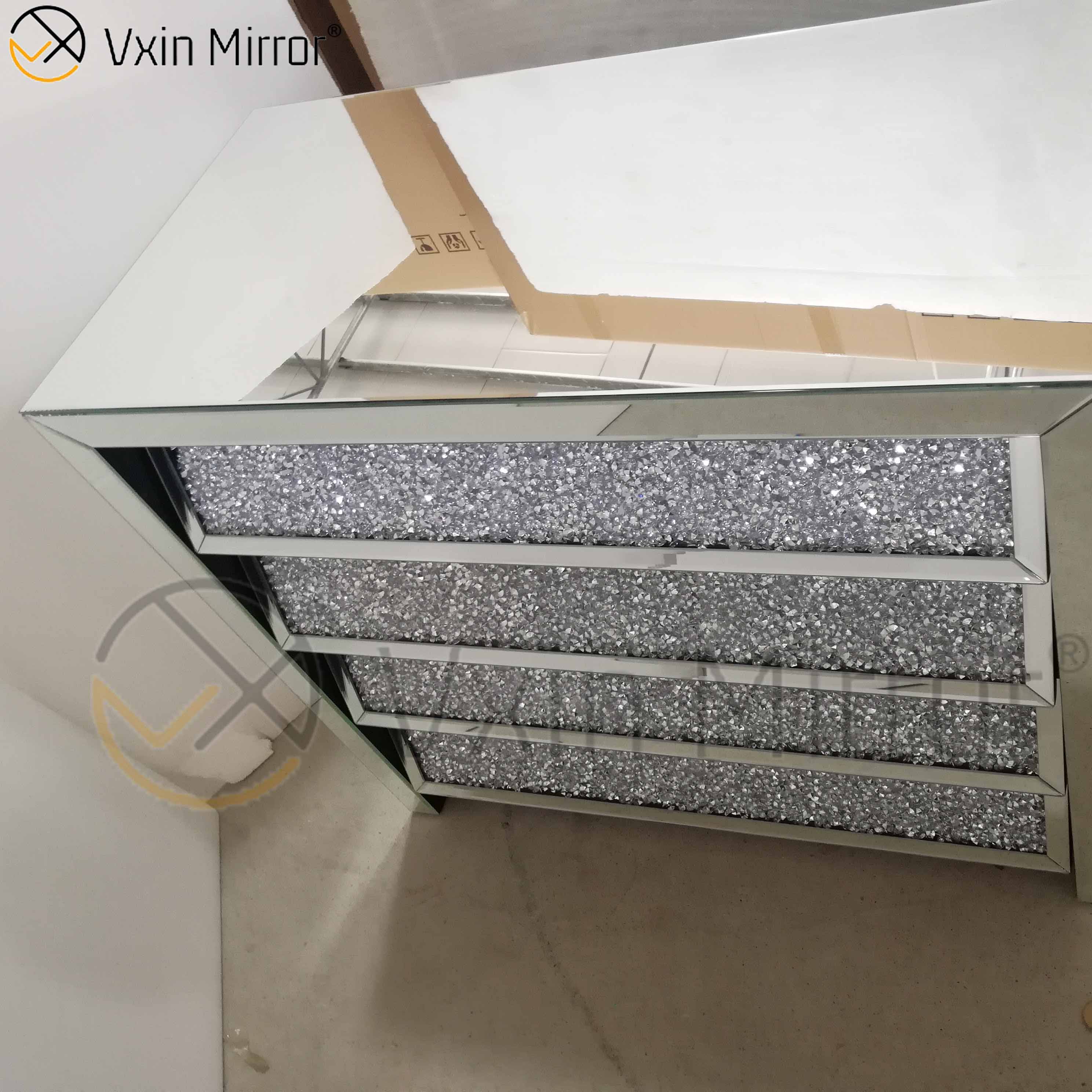 Vxin Silver WXF-706 Crushed with Diamond Nightstand Bevel Bedside Table With 4 Drawer Mirrored Bedside Table