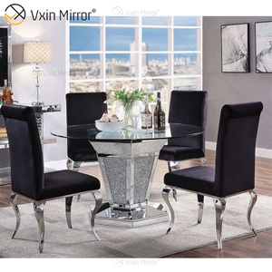2020 New Design WXF-100 Crushed Diamond Round Silver Dining Table with Toughened Glass Table Top