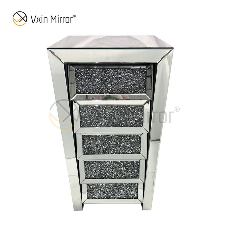 Vxin Mirror Silver Crushed WXWF-707 Diamon Nightstand Bevel Bedside Table With 5 Drawer Mirrored Bedside Table