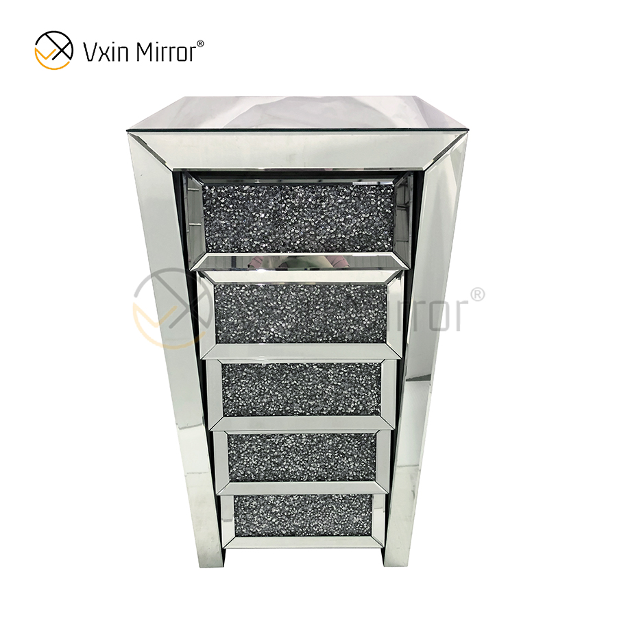 Vxin Mirror Silver Crushed WXWF-707 Diamon Nightstand Bevel Bedside Table With 5 Drawer Mirrored Bedside Table