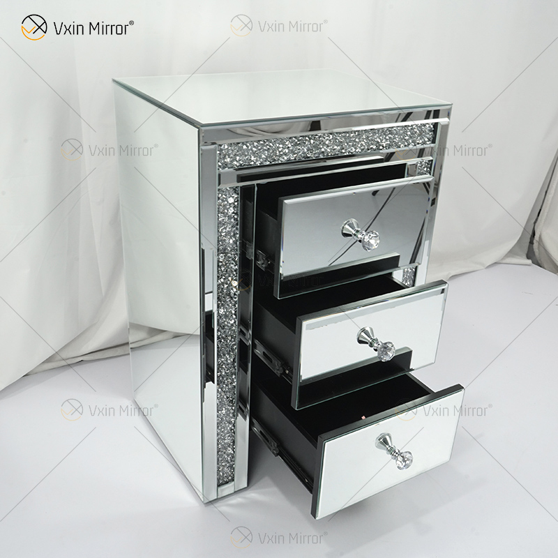 Vxin WXWF-716 Home Modern Acrylic Nightstand 3 Drawers Mirrored Bedside Table