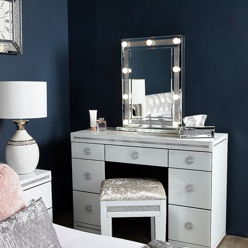 CRYSTAL SPARKLE DIAMOND CRUSH MIRRORED BEVELLED HOLLYWOOD MIRROR 9 BULB MAKE UP DRESSING TABLE WXDL-176