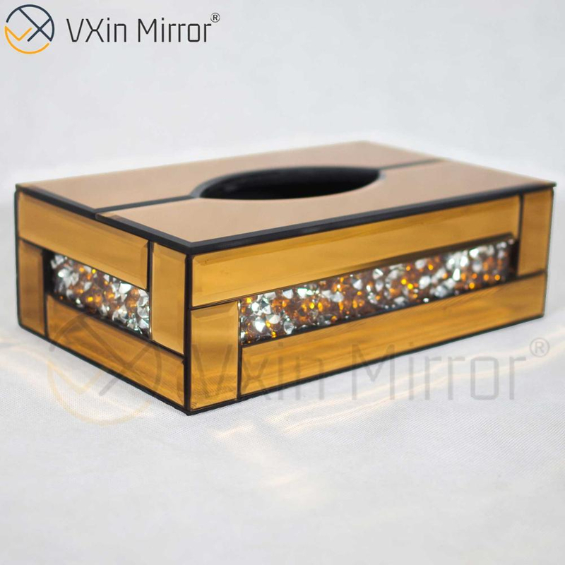 Vxin Mirror WXB-001 Brown Luxury Glass Crushed Diamond Tissue Box Mirror Tissue Box