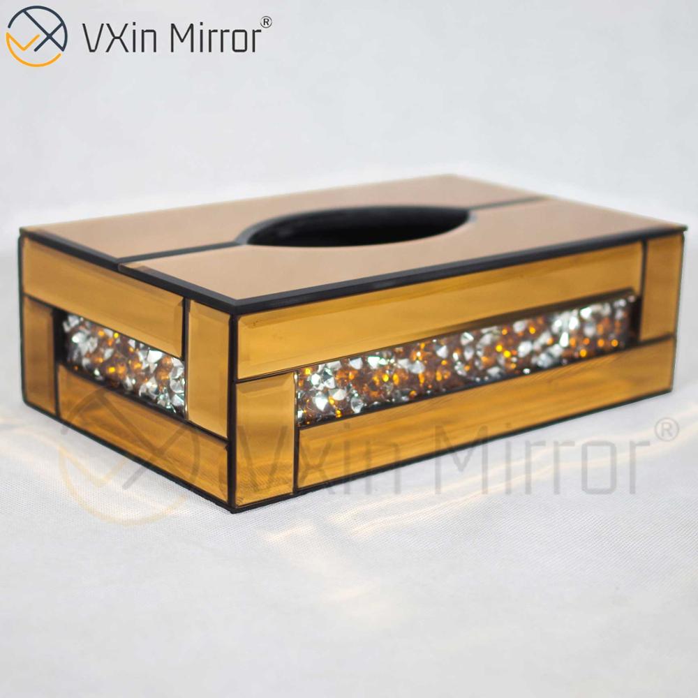Vxin Mirror WXB-001 Brown Luxury Glass Crushed Diamond Tissue Box Mirror Tissue Box