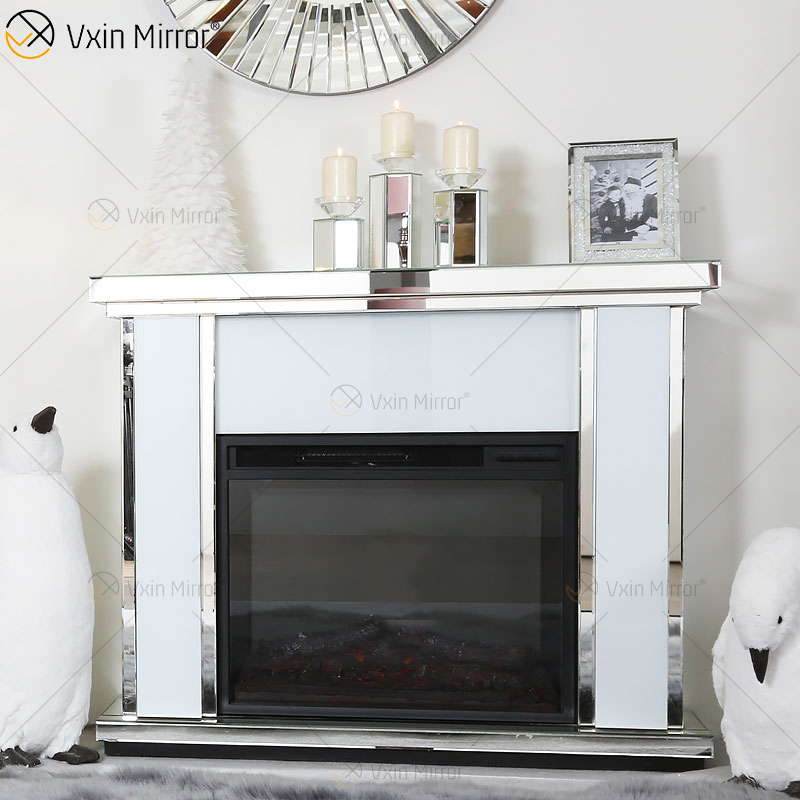Luxury Indoor Crushed Diamond Crystal White Glass Mirror Fireplace in Living Room Furniture WXWF-1108