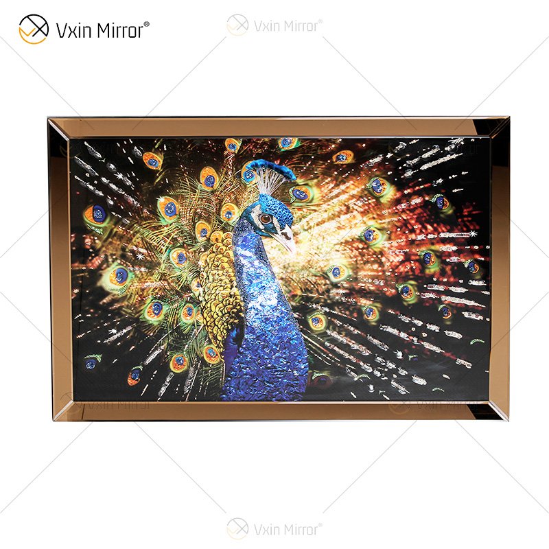 Luxury Crystal Porcelain Painting Peacock Covered Frame Decorative Mirror Wall Art