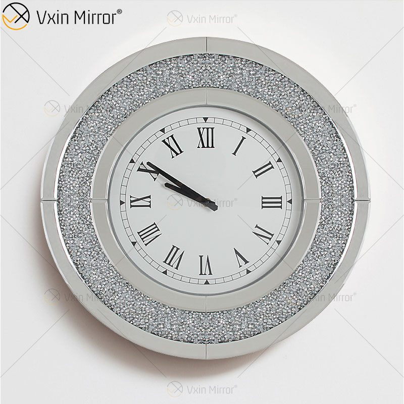 Hot Sale Modern Silver Crushed Diamond Round Mirror Wall Clock