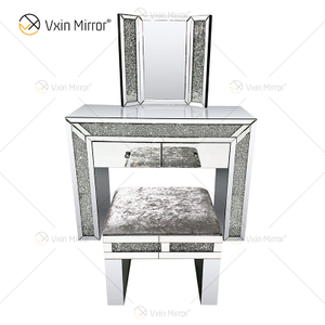 Hot Sell Modern Crushed Diamond Silver Dressing Table Stool 2 Drawers with Full-length Mirror