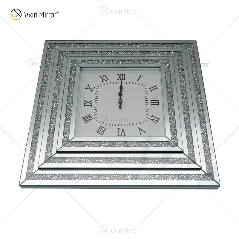 Hot Sale Mirrored Clock WXMC-078 Crushed Diamond Silver Wall Decor Elegant Square Clock