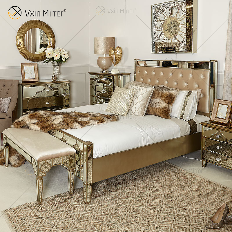 Antique Furniture King Bed Golden Frame Mirrored Super Bed