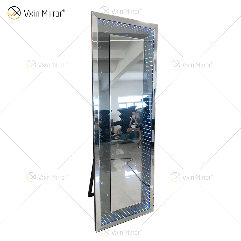 WXM-1539 Colorful Tunnel Lights with Diamonds LED Mirror Floor Standing Mirror with Bracket Blue-tooth Sound Control Ligh
