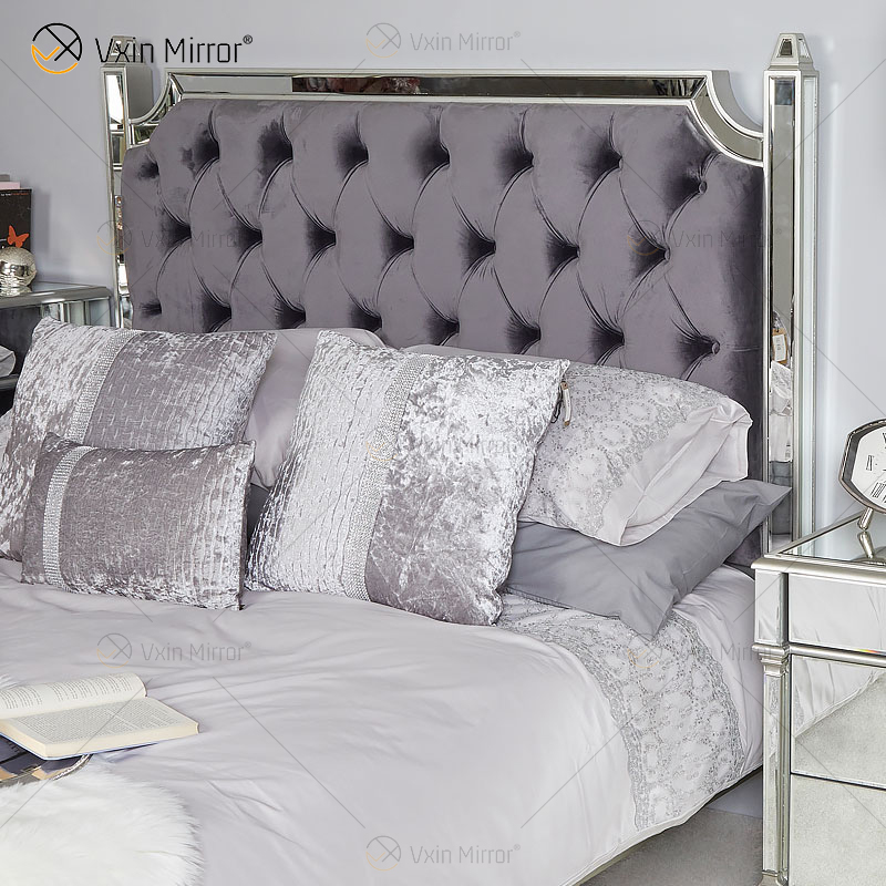 Antique King Grace Champagne Silver Frame Mirrored Super Bed Furniture