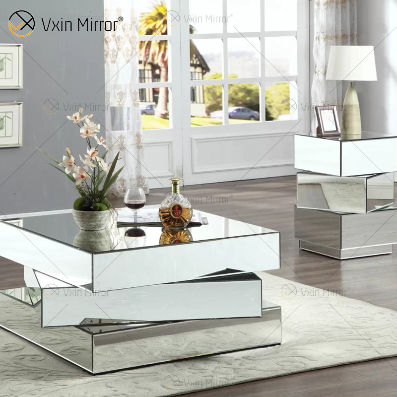 Vxin WXF-2138 3D Sparkling Crushed Diamond Geometry Mirrored Coffee Table Silver Covered with Diamonds