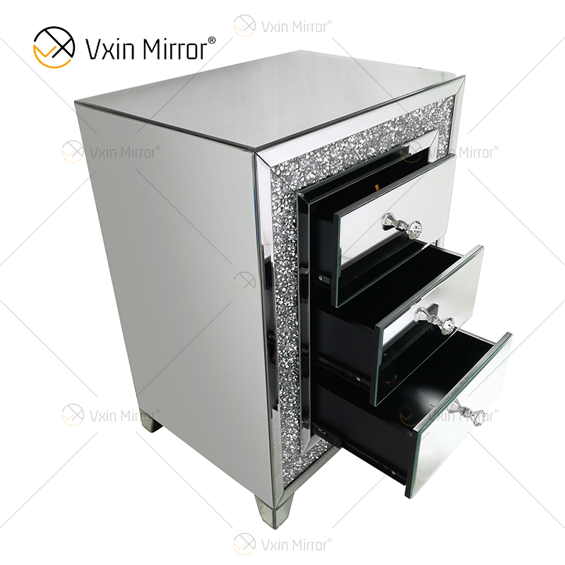 Good Quality Silver Crushed Diamond Frame Nightstand Bedside Table with 3 Drawer Mirrored Bedside Table