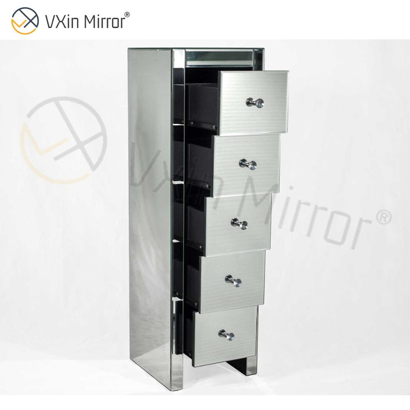 Vxin Mirror WXF-006 Five Drawer Silver Glass Nightstand Bedside Table Mirrored Bedside Table