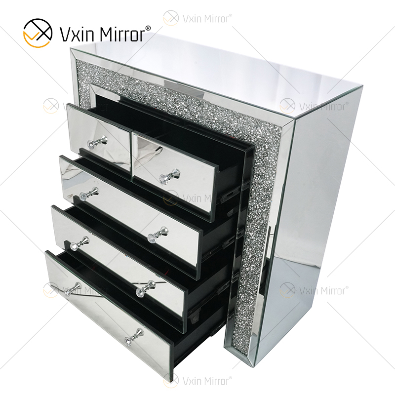 Vxin Mirrored Silver Crushed Diamond Nightstand Bedside Cabinet With 5 Drawer
