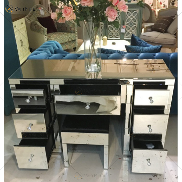 Hot Sell Modern WXF-125 &126 Silver Mirrored Dressing Table 7 Drawers with Disassembly Stool