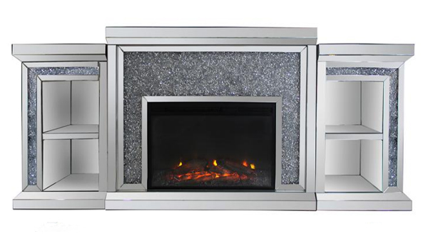 Ornate Berlin Furniture Crushed Diamond Silver Mirrored Fireplace TV Stands Cabinet With Core