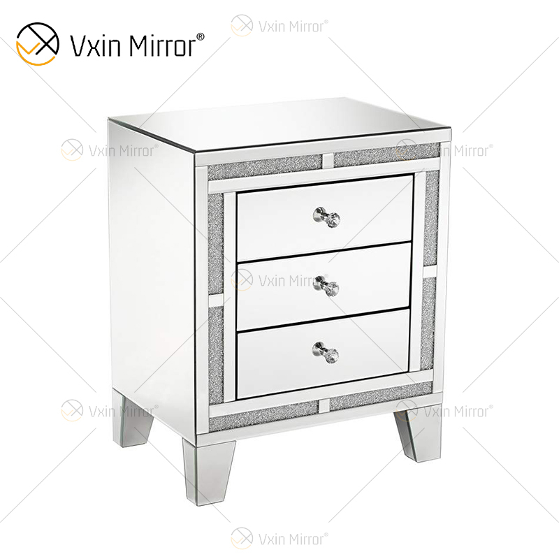 Good Quality WXF-911 Silver Crushed Diamond Nightstand Bedside With 3 Drawer Mirrored Bedside Table