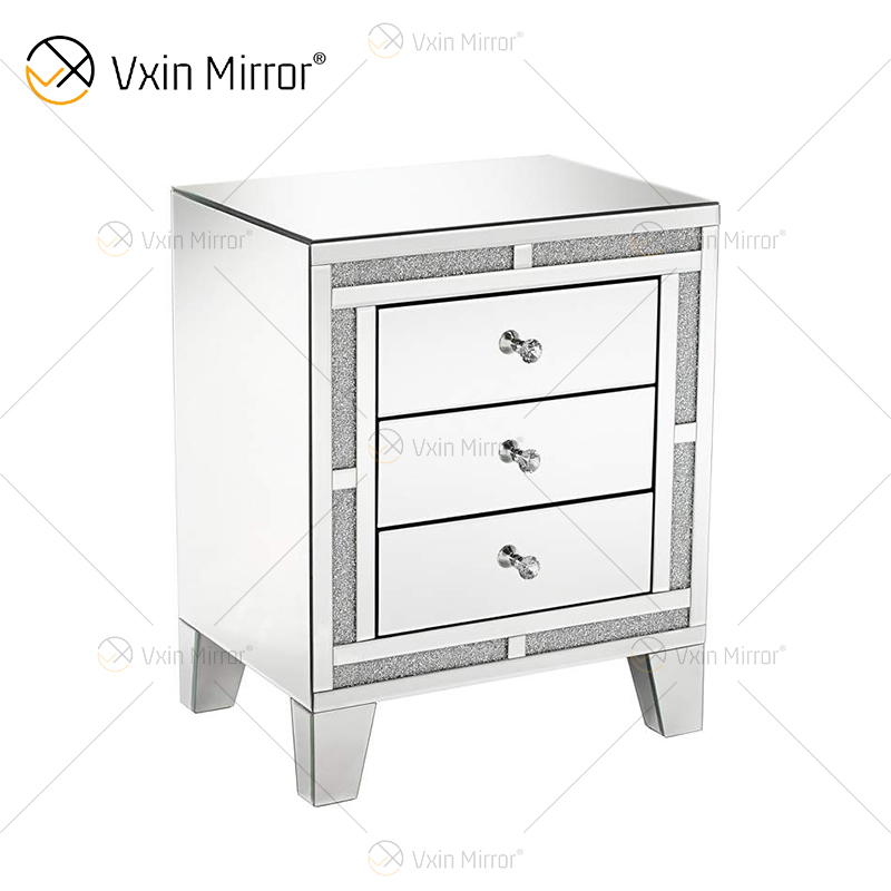 Good Quality WXF-911 Silver Crushed Diamond Nightstand Bedside With 3 Drawer Mirrored Bedside Table