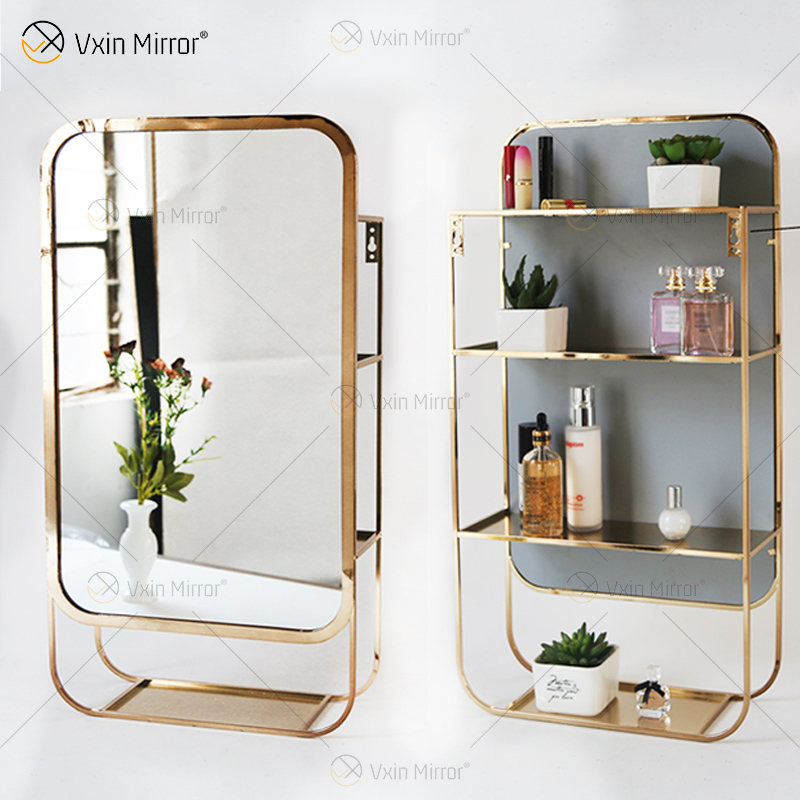 Vxin Factory Supply Silver Wall Decor Silver Metal Rack Storage Rack Mirror Rectangle Wall Shelf