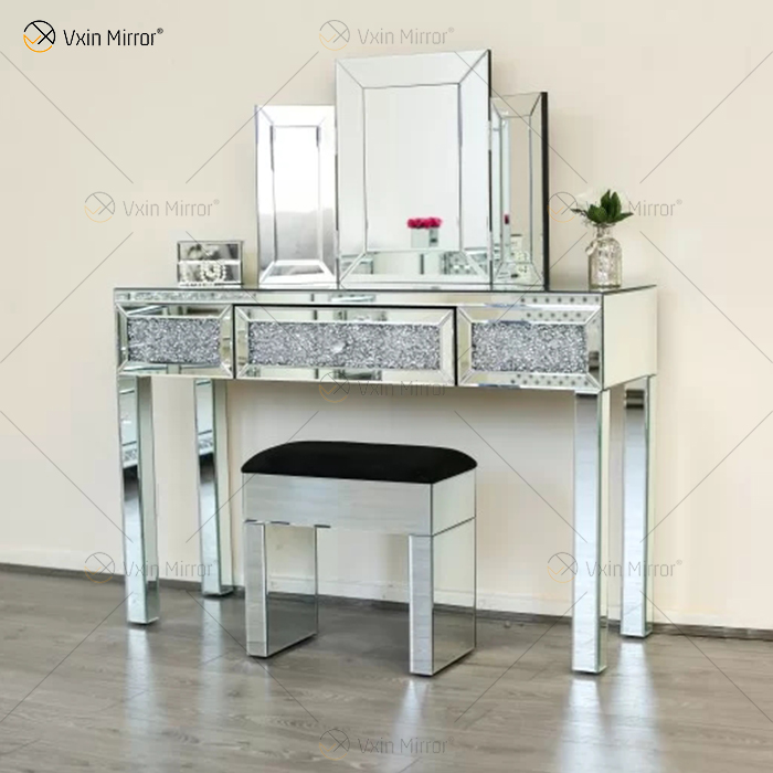 China Supply Modern Crushed Diamond Silver Dressing Table with Stool 2 Drawers with Full-length Mirror