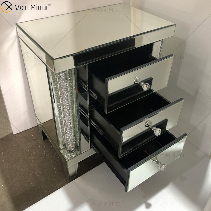 WXF-275 Mirrored Bedside Tables Cabinet 3 Drawers Mirror Nightstand Side Table with Glass
