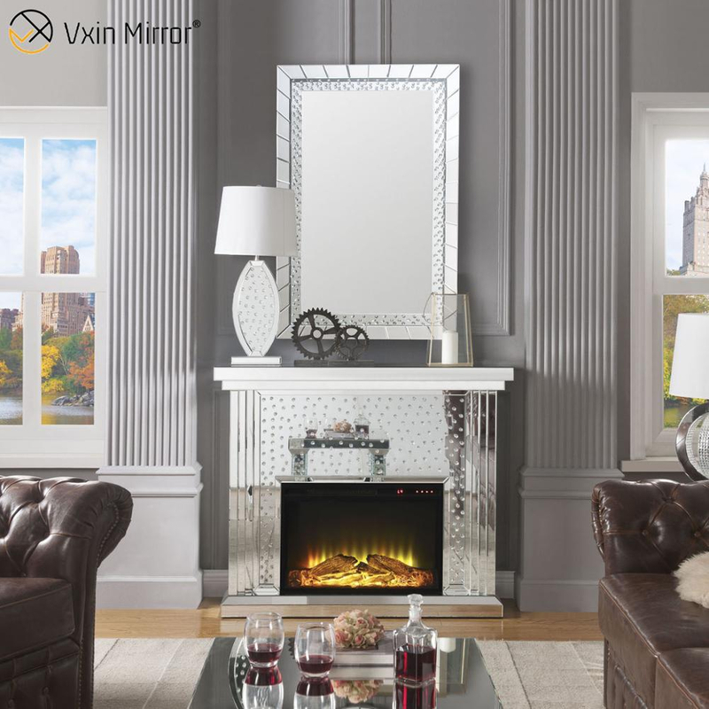 Modern WXWF-1096 Sparkle Electric LED Mirrored Crushed Crystal Mirror Fireplace