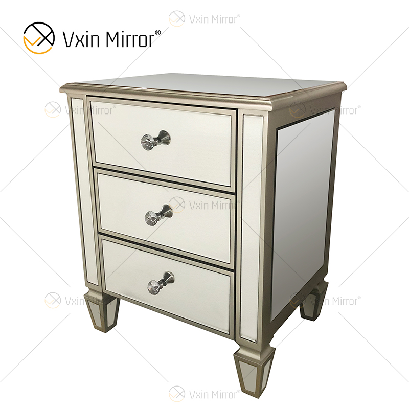 Factory Supply WXF-074 Golden Bedroom Furniture Luxury Nightstand With 3 Drawers Mirrored Bedside Table