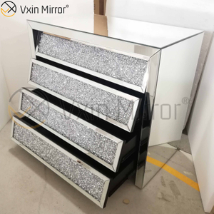 Vxin Silver WXF-706 Crushed with Diamond Nightstand Bevel Bedside Table With 4 Drawer Mirrored Bedside Table