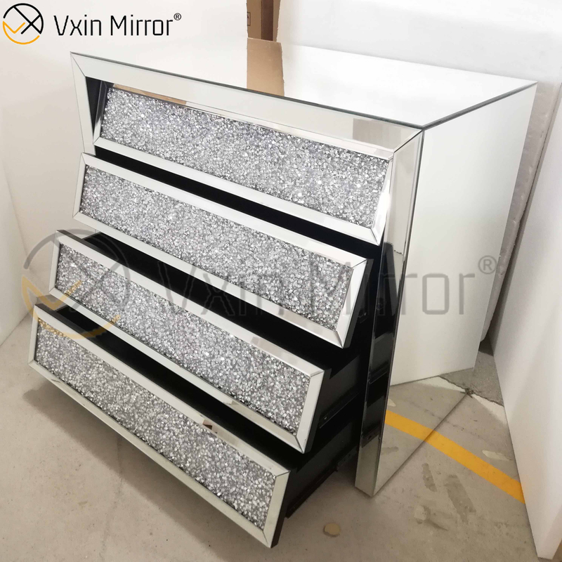 Vxin Silver WXF-706 Crushed with Diamond Nightstand Bevel Bedside Table With 4 Drawer Mirrored Bedside Table