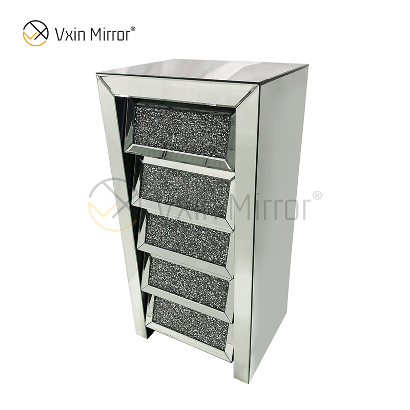 Vxin Mirror Silver Crushed WXWF-707 Diamon Nightstand Bevel Bedside Table With 5 Drawer Mirrored Bedside Table