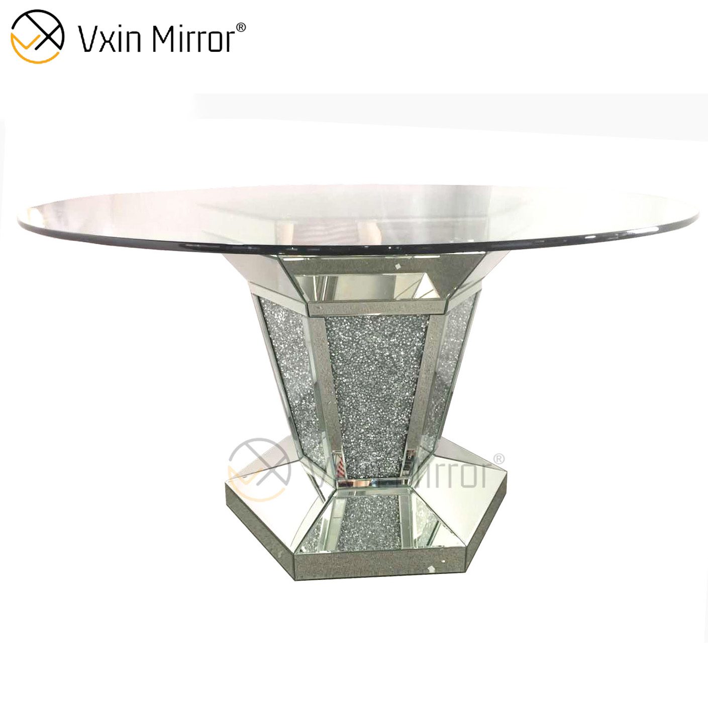 2020 New Design WXF-100 Crushed Diamond Round Silver Dining Table with Toughened Glass Table Top