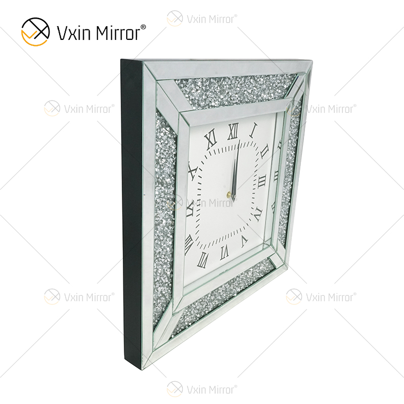 Anti Droping Package Modern Silver Crushed Diamond Wall Mirrored Clock