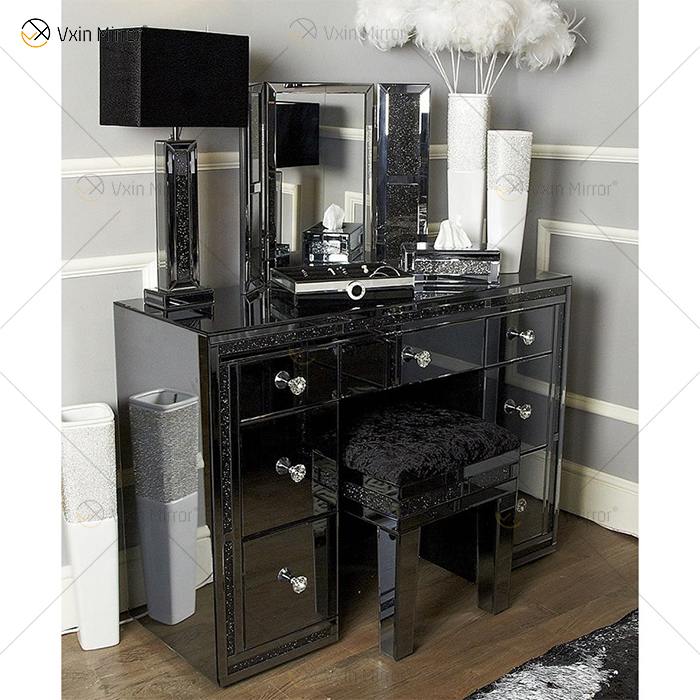 Hot Sell Mirrored Bedroom Furniture Set Wardrobe Black Crushed Diamond Mirrored Bed With Bedside Table