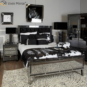 Hot Sell Mirrored Bedroom Furniture Set Wardrobe Black Crushed Diamond Mirrored Bed With Bedside Table