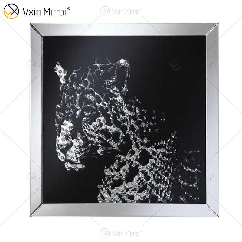 VXin WXMA-19 Home Decor Glass Frame Mirrored Cheetah Wall Art Crystal Porcelain Painting Mirror Wall Art