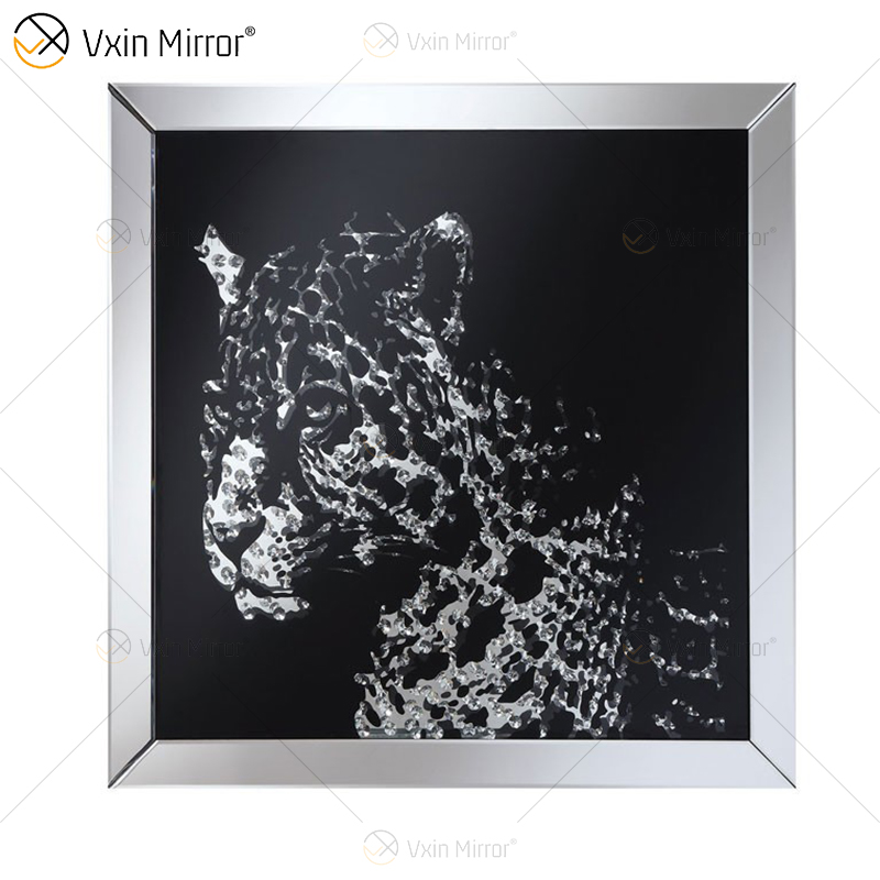 VXin WXMA-19 Home Decor Glass Frame Mirrored Cheetah Wall Art Crystal Porcelain Painting Mirror Wall Art