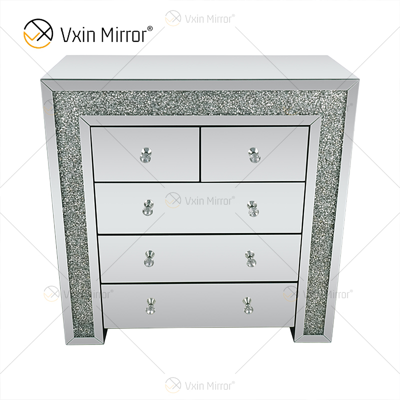 Vxin Mirrored Silver Crushed Diamond Nightstand Bedside Cabinet With 5 Drawer