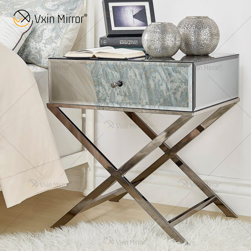 Vanity Modern WXF-046 Silver Stainless Steel Furniture Crystal Nightstand With 1 Drawers Mirrored Bedside Table